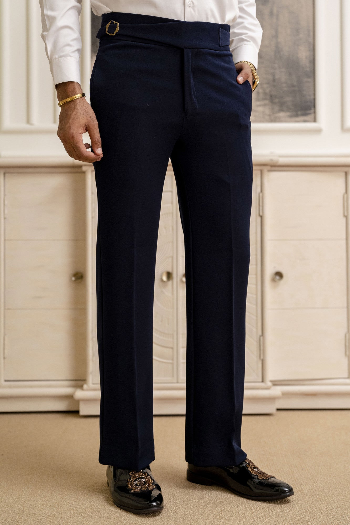 Men’s Navy Blue Formal Trousers with Side Buckle