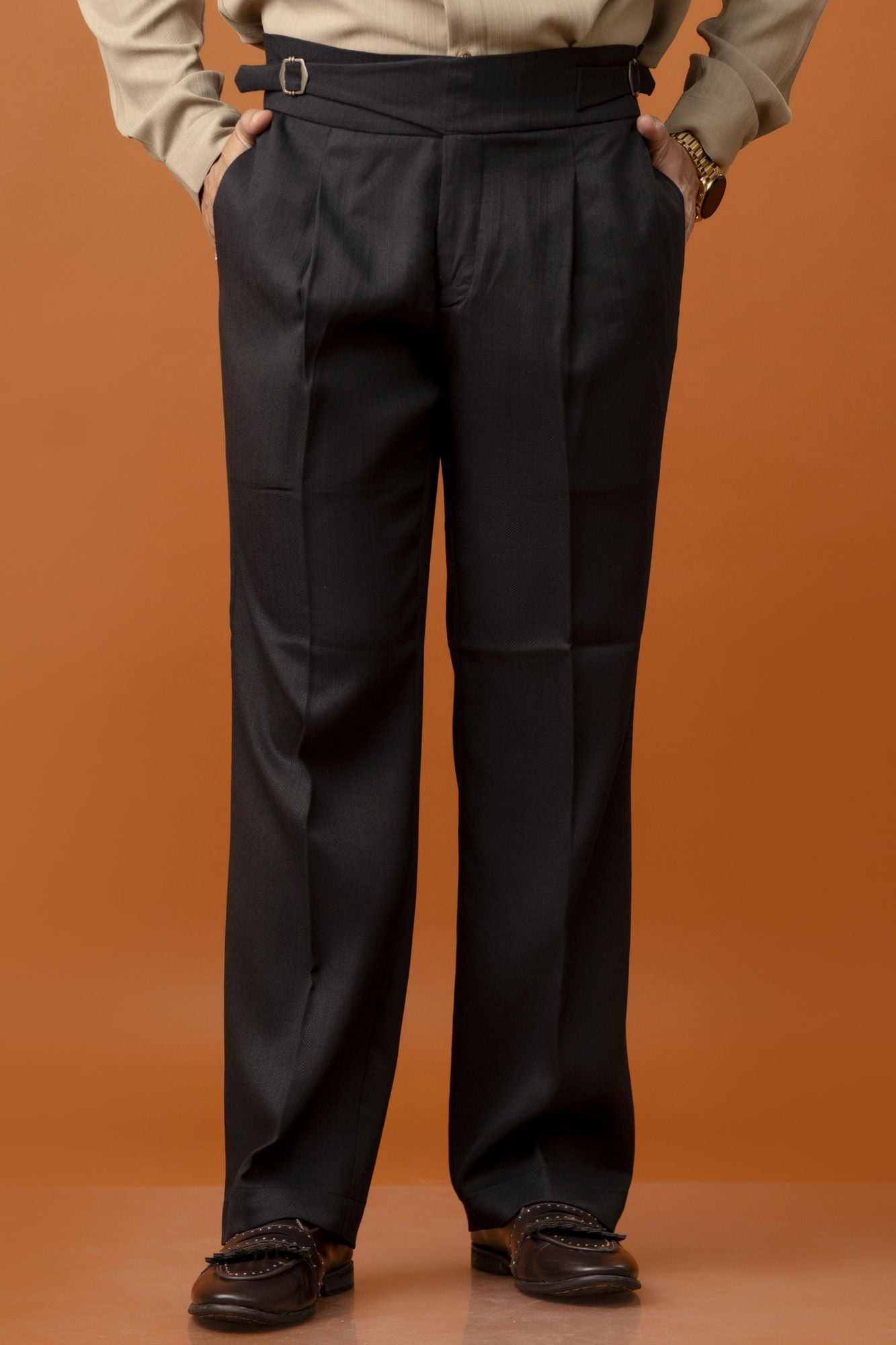 Men’s Black High-Waist Pleated Formal Trousers