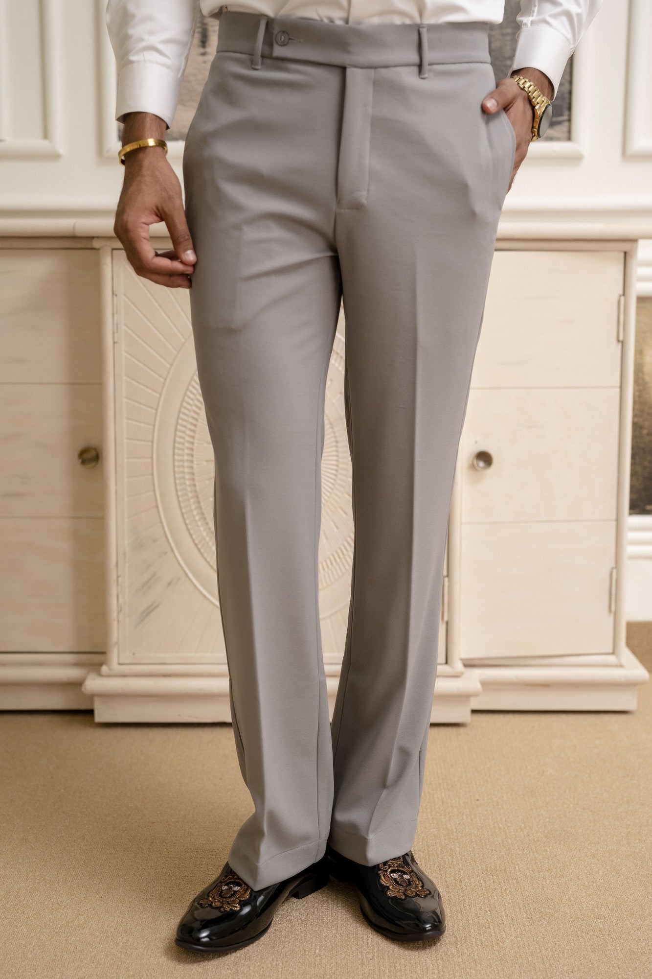Men’s Light Grey High-Waist Formal Trousers